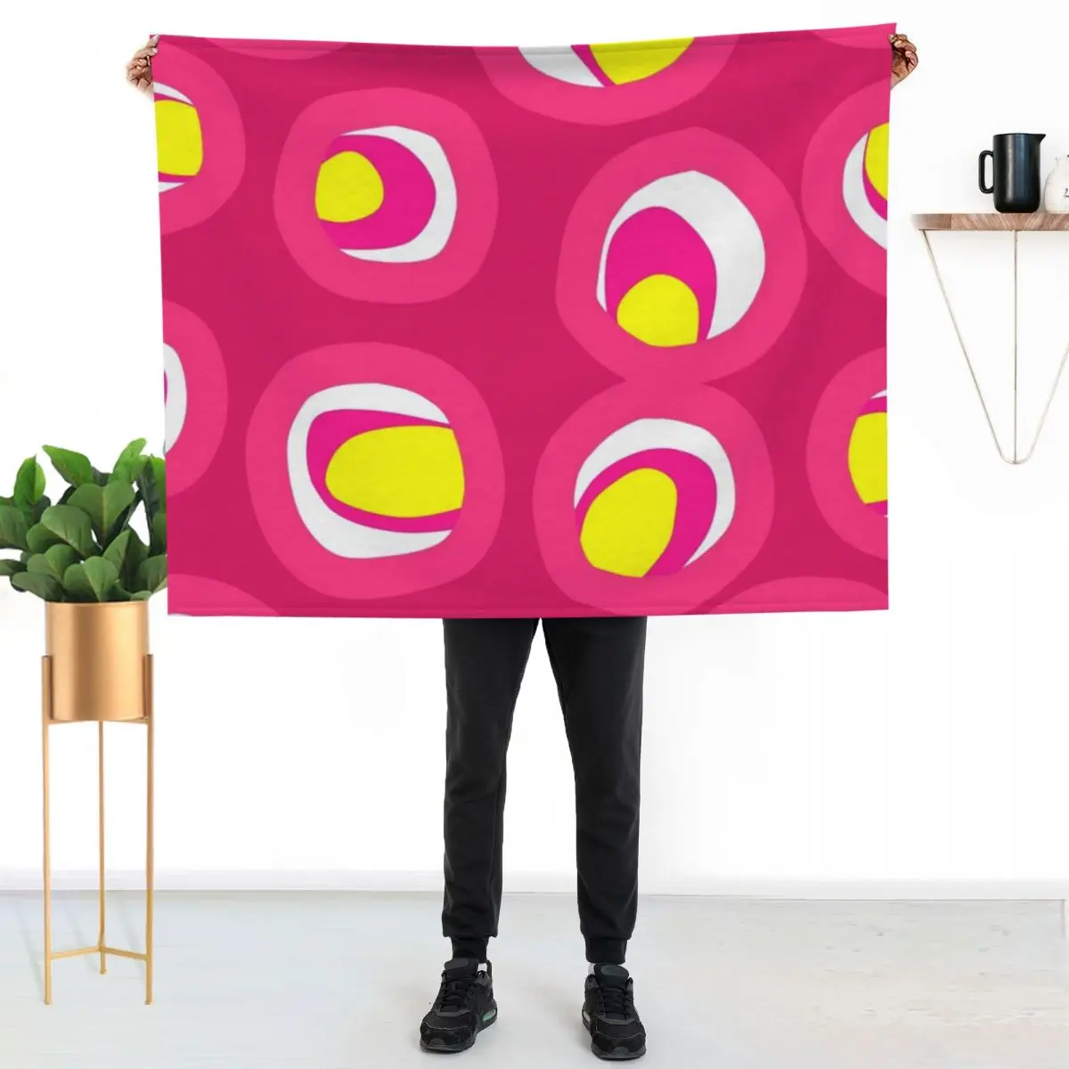 Colorful Mid-Century Modern Geometric Pattern in Neon Pink and Yellow Throw Blanket sofa bed Cute Single Soft Plaid Blankets