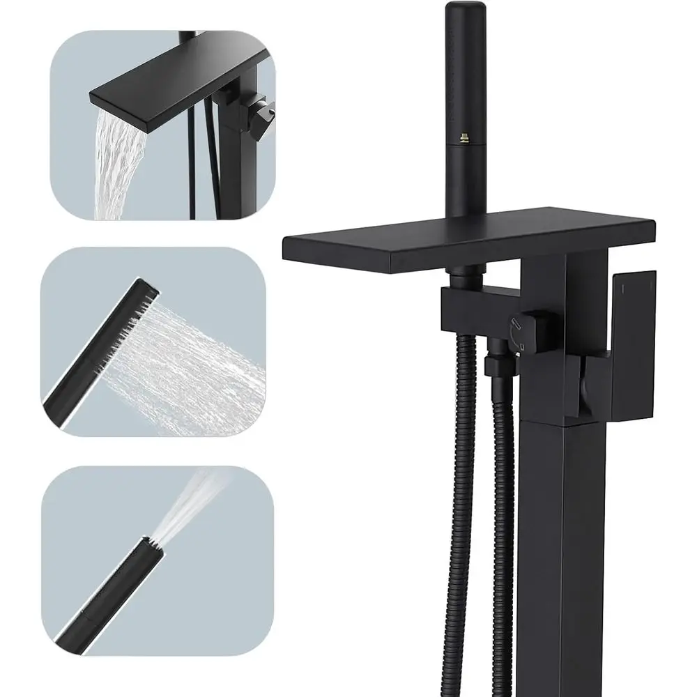 

Матовый черный напольный смеситель для ванны с высоким и низким лейками, латунным душевым смесителем и ручным распылителем