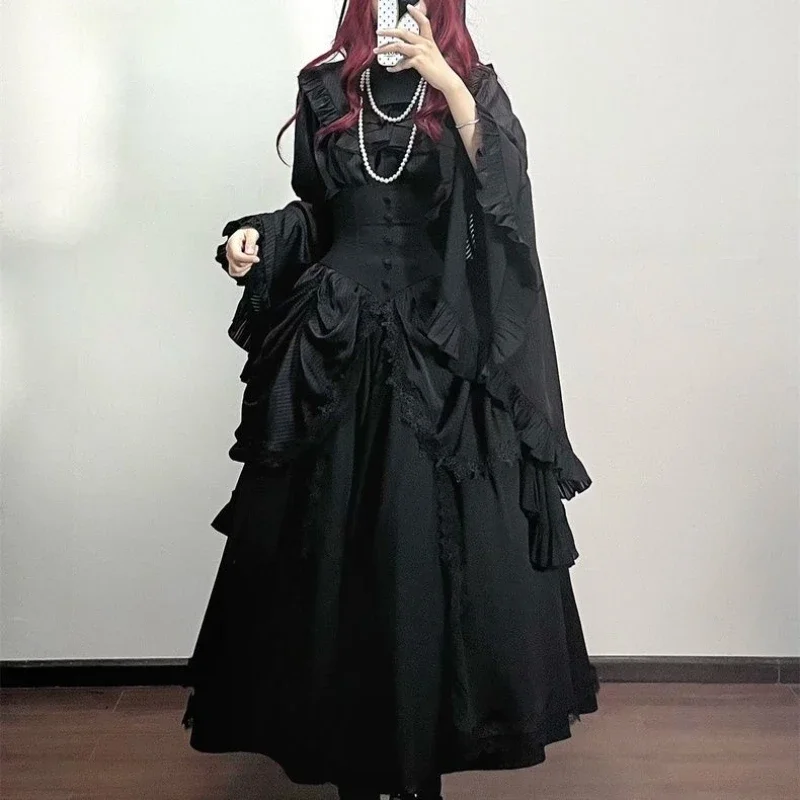 NONSAR Gothic Black High Waist Fishbone Slim Mid Skirts Women Palace Style Vintage Solid Button A-Line Irregular Y2K Long Skirt