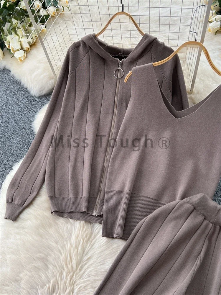 Autumn Korean Casual Knitted 3 Piece Sets Women Retro Hoodies Coat + Solid Vest + Wide Leg Pants New Design Vintage Suits 2024