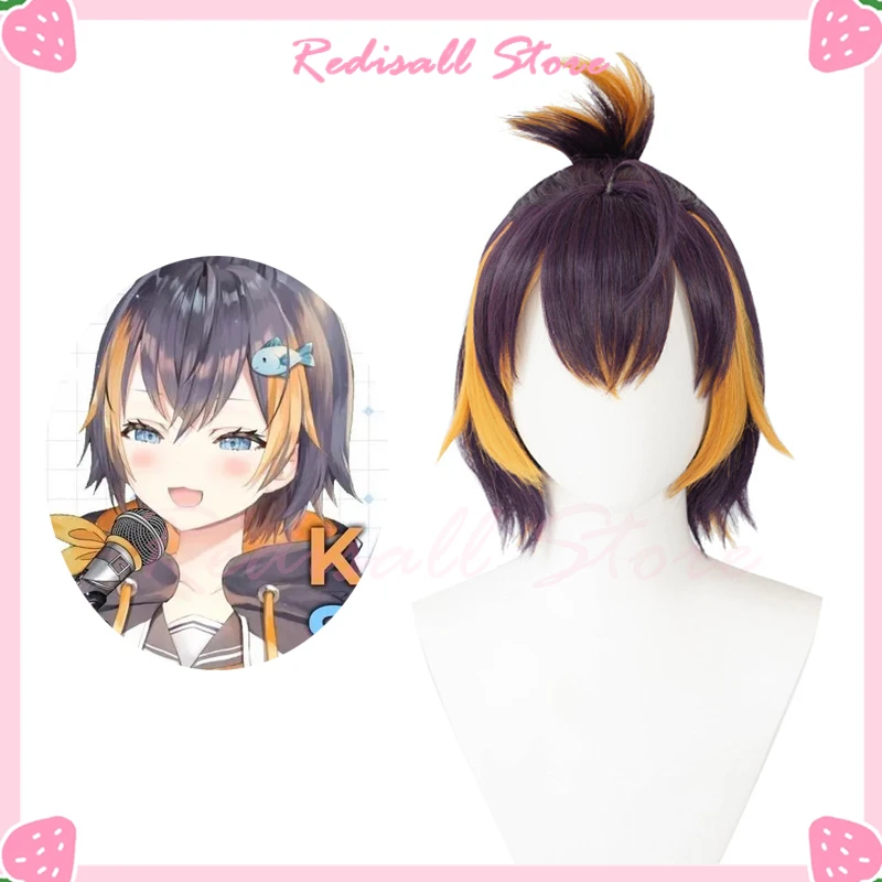 Vtuber Petra Gurin Cosplay Wig OBSYDIA Short Ponytail Dark Purple Golden NEW Idol Role Play Headwear