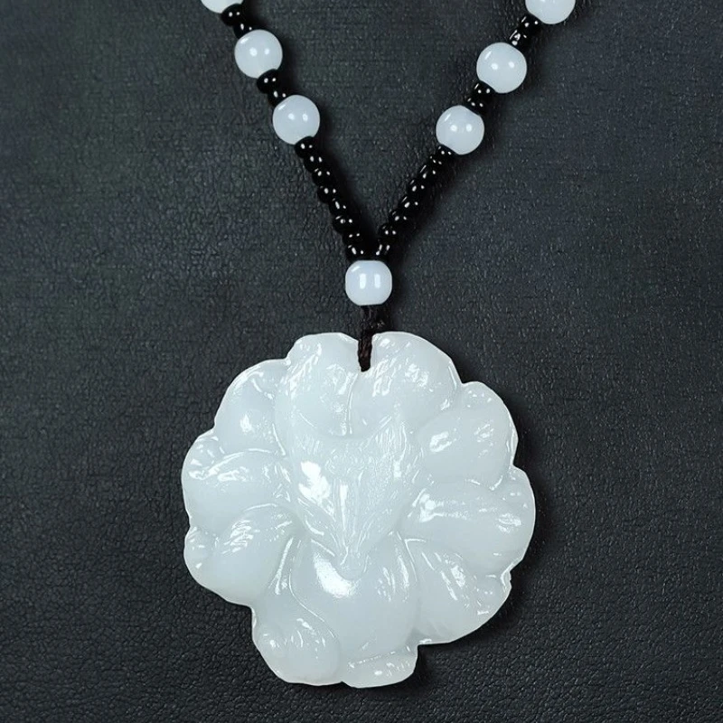 White Jade Nine-tailed Fox Pendant Afghanistan Jade White Fox Pendant for Men and Women.