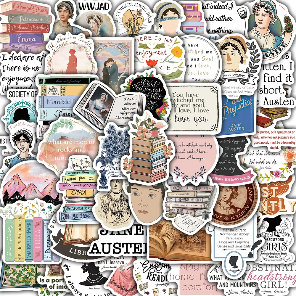 50PCS Stickers Jane Austen Print Notebook Motorcycle Streetwear Laptop Luggage Living Room Student Graffiti Waterproof Stickers