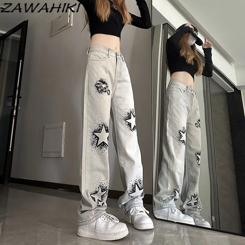 Slouchy Jeans neu ankommen American Star Print High Taille Mode alle passen gerade weites Bein lässig süße y2k Vintage Jeans hose