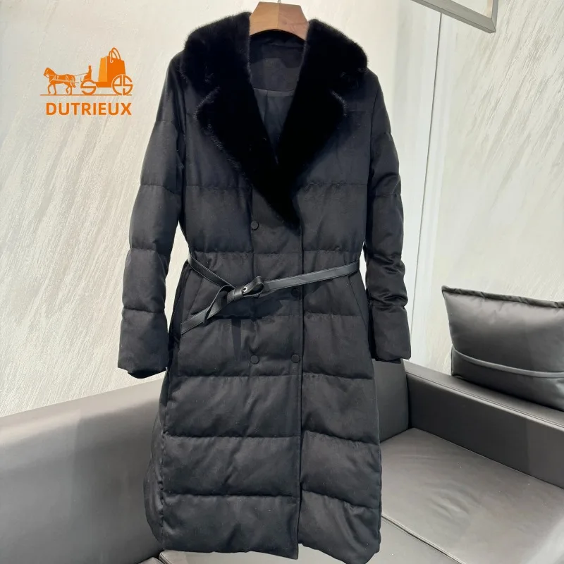 New Winter Down Jacket for Women, Long Large Lapel Mink Collar Splicing Cashmere 90 White Goose Down Jacket Belt Coat Keep Warm