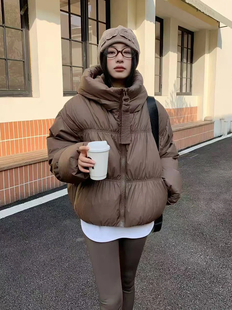 

Winter Stand Collar Hooded Down Jacket Female Warm Thick Cotton Bread Jackets Women White Duck Down Solid Parker Quilted Outwear