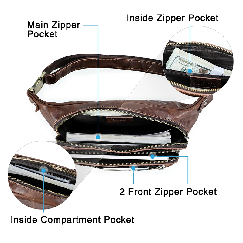 CONTACT\'S Genuine Leather Men\'s Waist Bag Luxury Designer Casual Fanny Pack Belt Bag Phone Pouch Male Crossbody Chest Bag