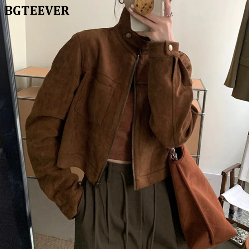 

BGTEEVER Vintage Warm Loose Stand Collar Basic Jackets for Women Autumn Winter Stylish Long Sleeve Ladies Zipper Up Coats