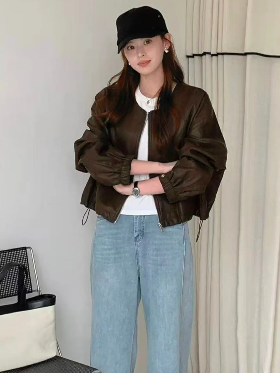 Retro Chic ort Leather Jaet Women's Autumn Winter round Ne Casual Versatile Hong Kong Sle Quali Faion Outerwear