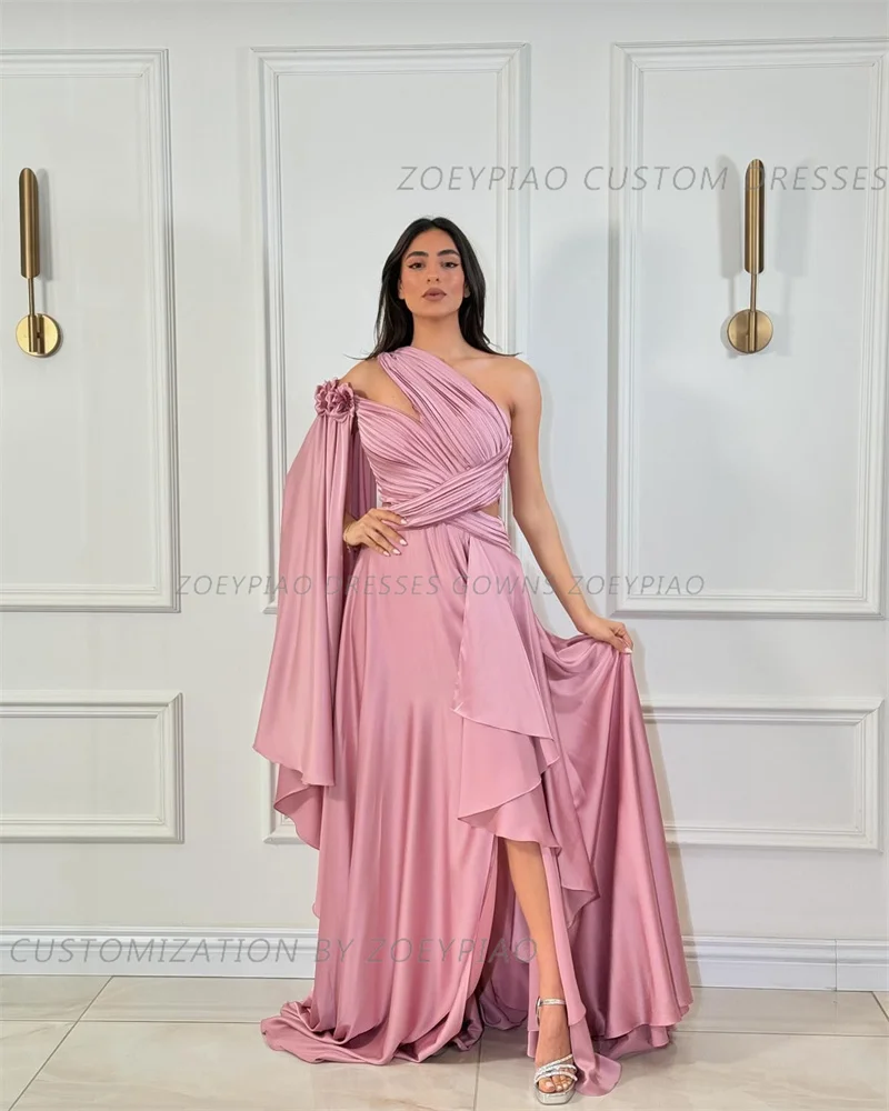 Vestido de noite de um ombro com flores, Vestidos longos A, Vestidos de noite formais, Fenda lateral, Rosa, Longo, Dubai