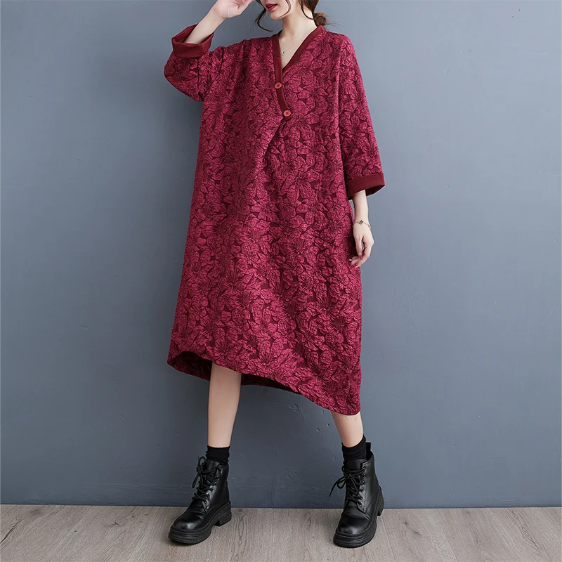 Ele V-Ne Color Blo Midi Dr Korean Sle Faion Trend Autumn Wear Large Size Crtsmanip Long Sve Dr