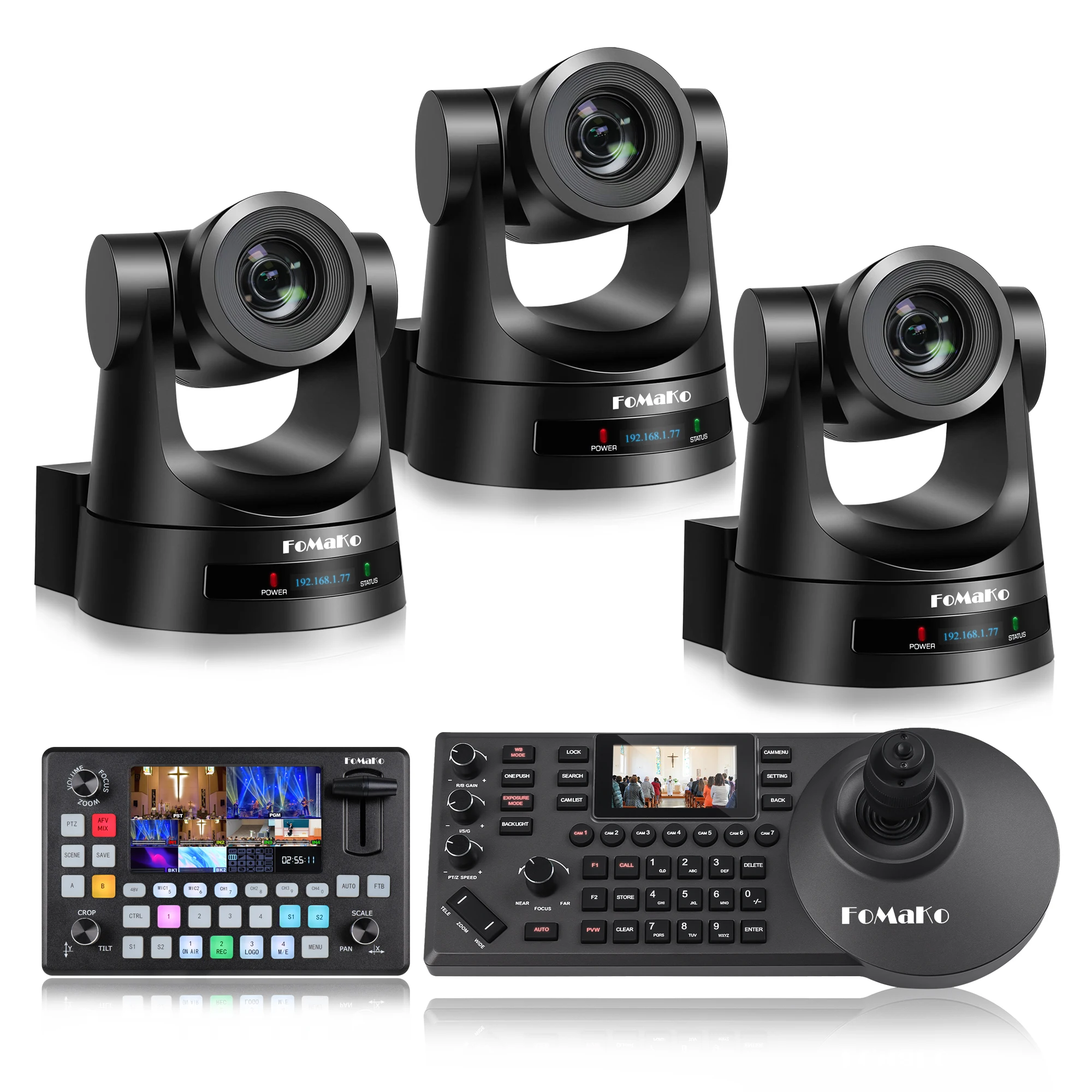 FoMaKo BH520 3*FMK20SDI HDMI SDI PTZ Camera Kit +1*PTZ Camera Controller Joystick + 1* Video Mixer Switcher for Church Worship