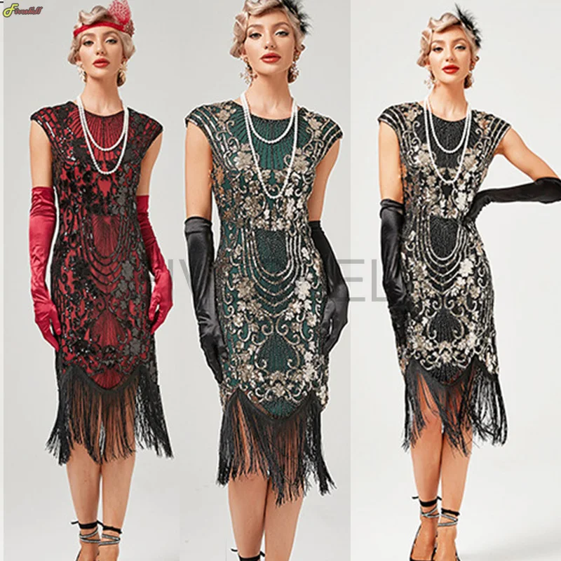 

Women Cosplay 1920s Flapper Fringe Sequin Dress Retro Great Gatsby Charleston Prom Dress Party Dance Dress Beaded Toast Dress