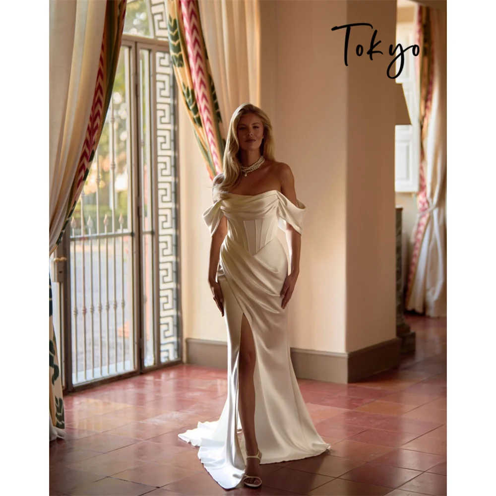Tokyo Customized Off the Shoulder Cap Sleeves Mermaid Wedding Dress Boned Side Slit Wedding Gown Zip-Up Court Train Prom Dress