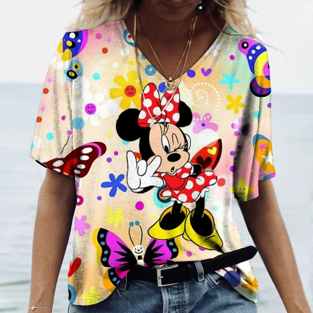 نمط جديد المرأة الصيف ديزني ميكي ماوس طباعة تي شيرت Y2k بلايز للسيدات الخامس الرقبة قصيرة الأكمام البلوز الشارع الشهير تي شيرت