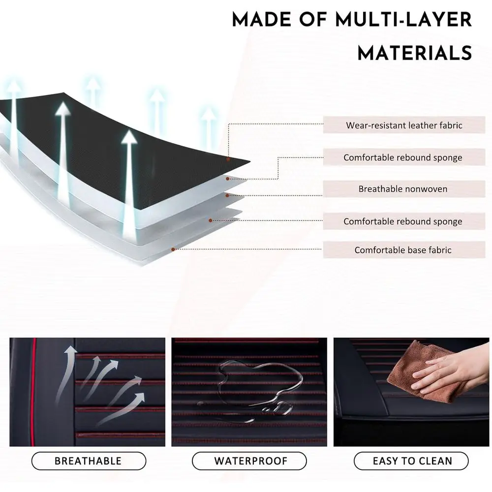 أغطية مقاعد السيارة من الجلد الصناعي باللونين الأسود والأحمر مع وسائد، مقاومة للماء ومسامية، مناسبة لمعظم السيارات وسيارات الدفع الرباعي وTr #4