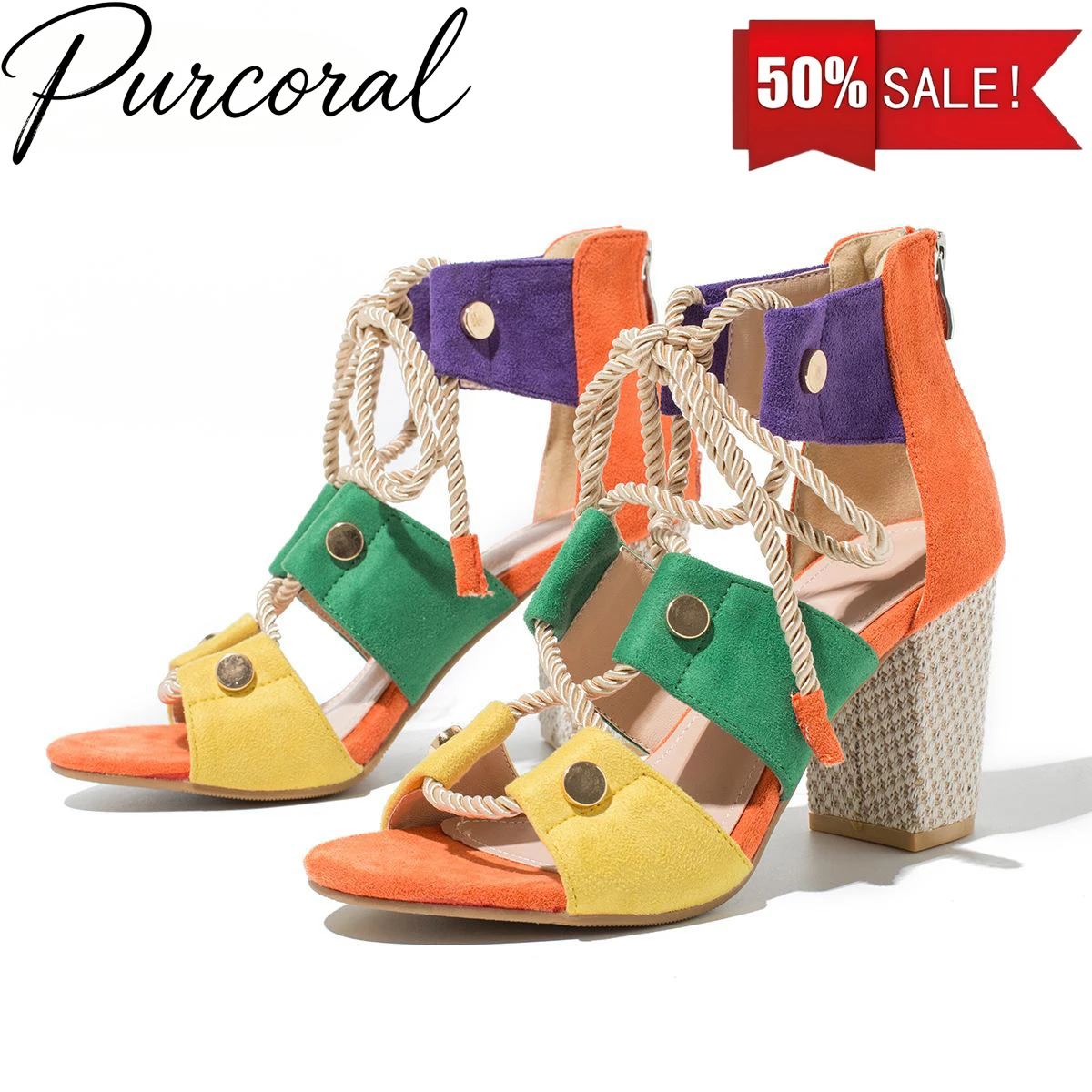 Purcoral Women Color Block Gladiator Sandals Rope Lace Up Heel Sandals Open Toe Back Zipper Bohemian Summer Party Ladies Shoes