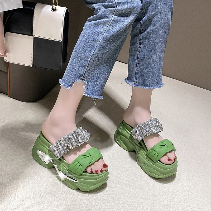 9CM Women Bling Slippers New 2023 Summer Female Sandals High Heels Ladies Platform Crystal Beach Slides Chunky Flip Flops Woman