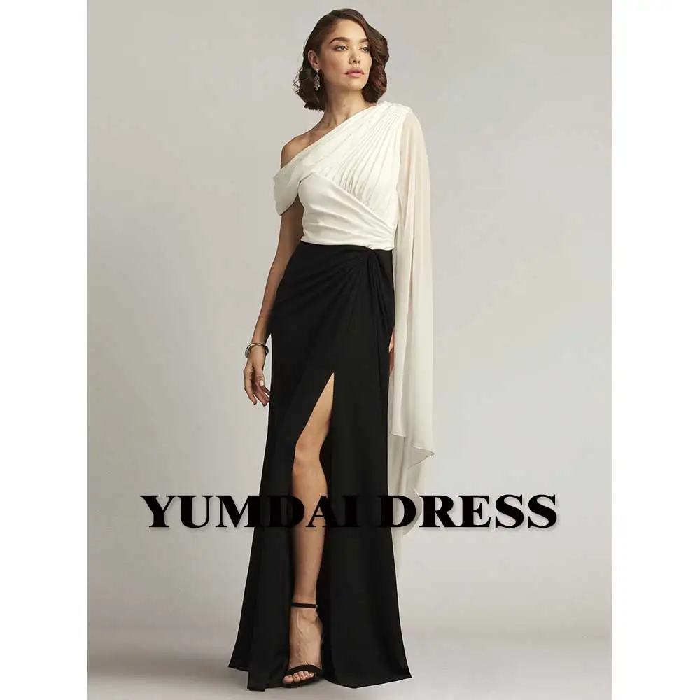 YUMDI Black And White Single Rotator Sleeve PROM Evening Gown Floor-length 2023 Elegant Ladies Salon High Slit Evening Dress