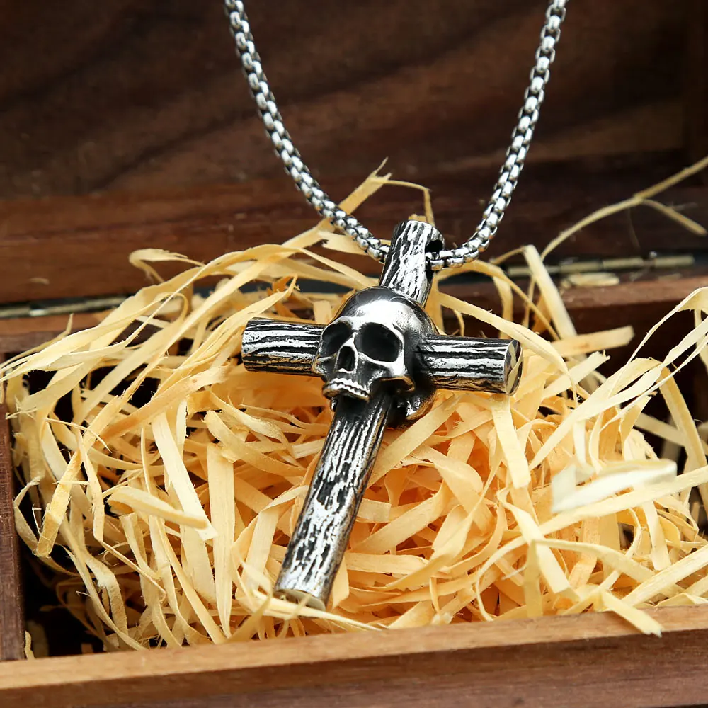 316L Stainless Steel Gothic Skull Cross Pendant Necklace For Men Women Fashion Punk Style Chain Necklaces Jewelry Wholesale