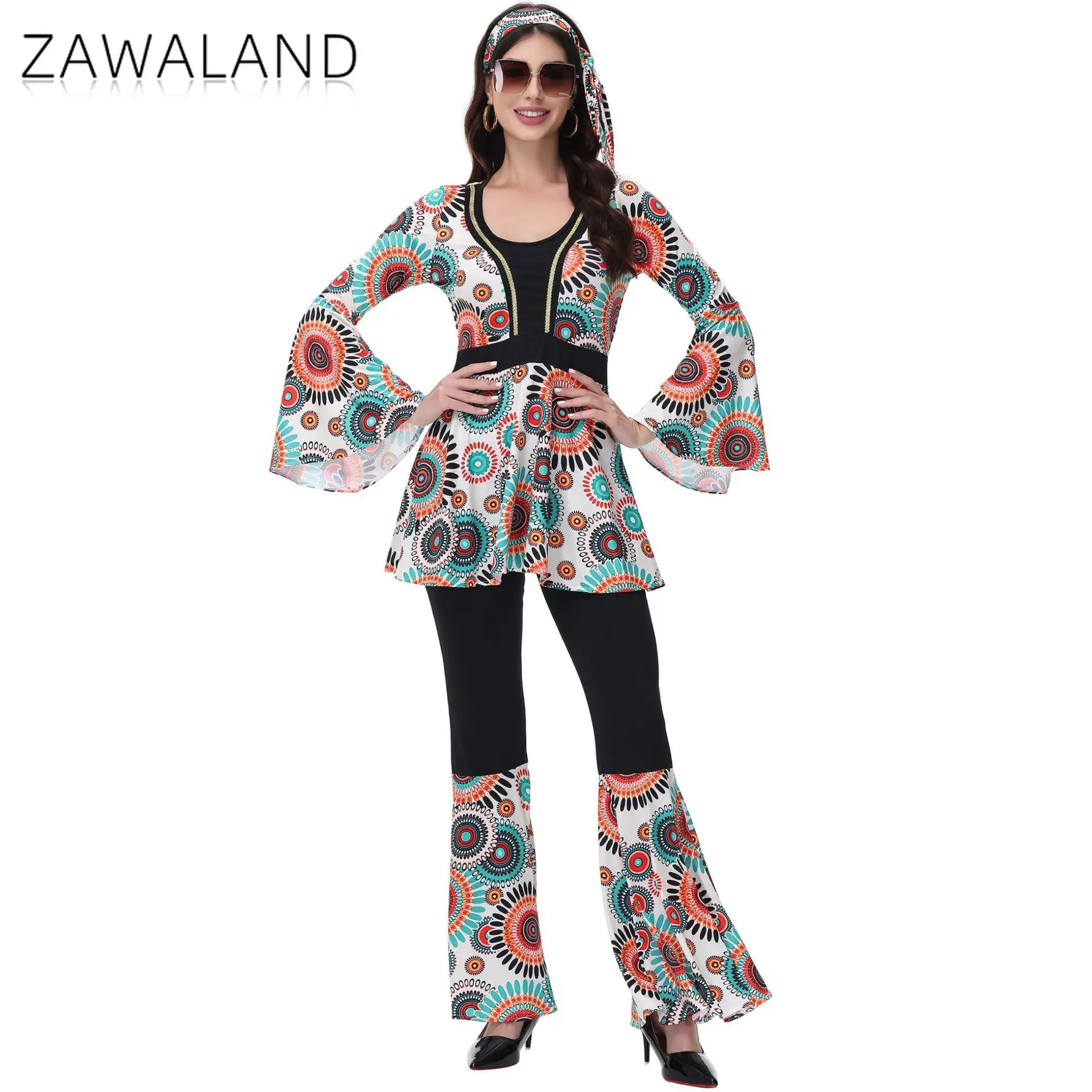 

Hippie Cosplay Costume For Female 80S Colored Vintage Clothes Music Festival Complete Suits Halloween Stage Performance Outfits