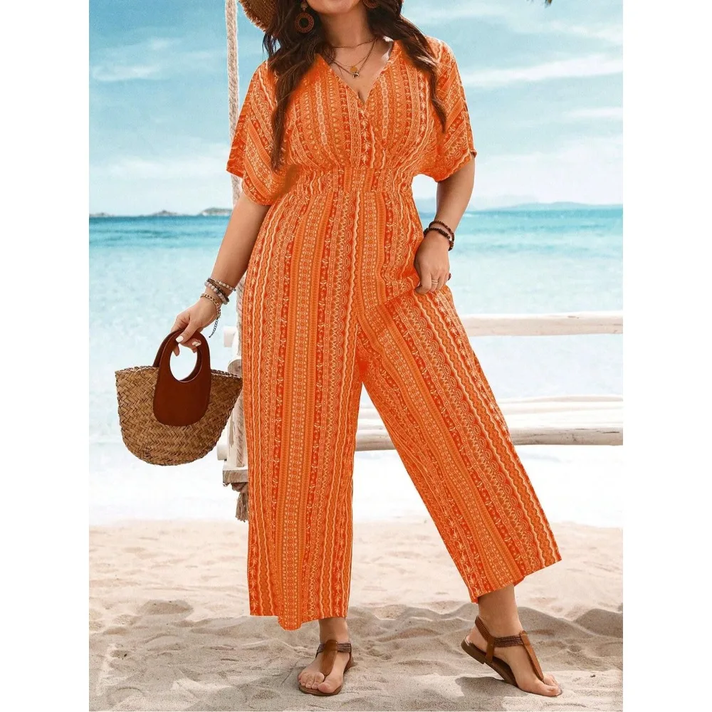 Plus Size 1XL-5XLFashion Women's Casual Print Short Sleeve Jumpsuit Ladies Casual Floral Printed Beach Long Jumpsuit