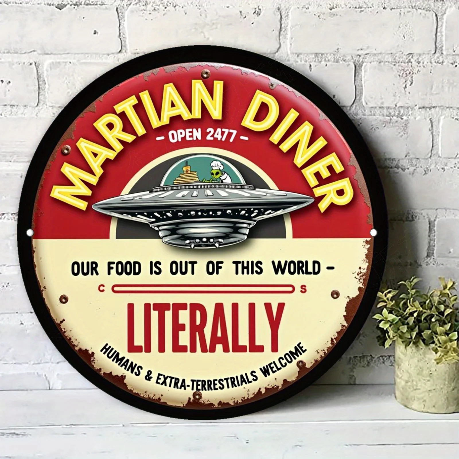 2D Flat Round Metal Sign, Interstellar Food Light Mark Mars Retro Aluminum Plate Painting, Suitable for Living Room, Bedroom,