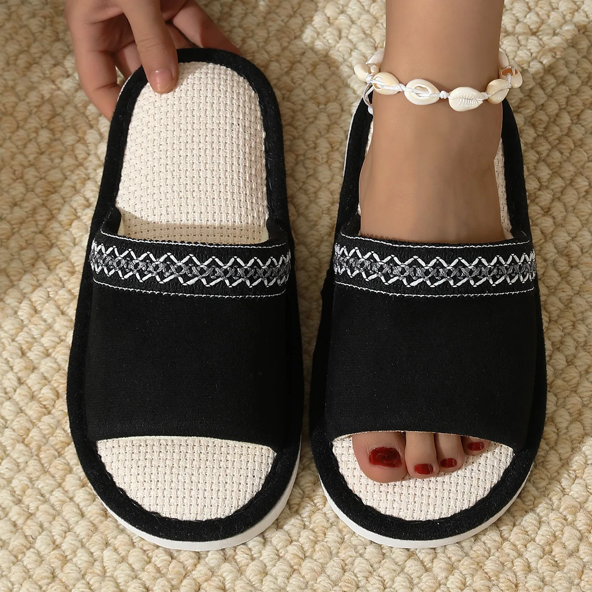 New lace ethnic style fashion women's shoes half-drag cotton shoes spot autumn and winter indoor linen slippers