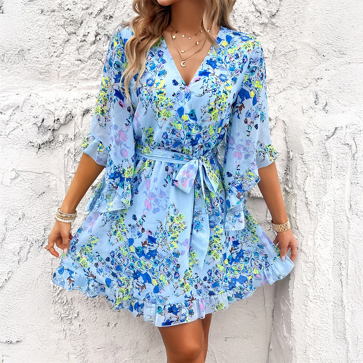 Casual Boho Women's Summer Mini Dress Elegant Floral Printed Beach Sundress Sexy V-Neck Party Short Sleeved Skirt Dresses Female