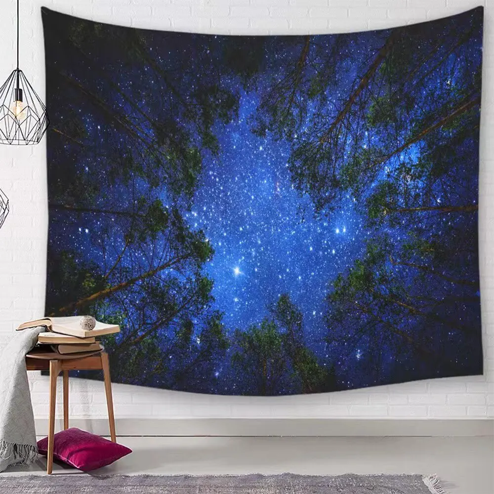 1 Piece Blue Forest Night View Starry Sky Living Room Bedroom Background Decoration Minimalist Style Home Forest Style Tapestry