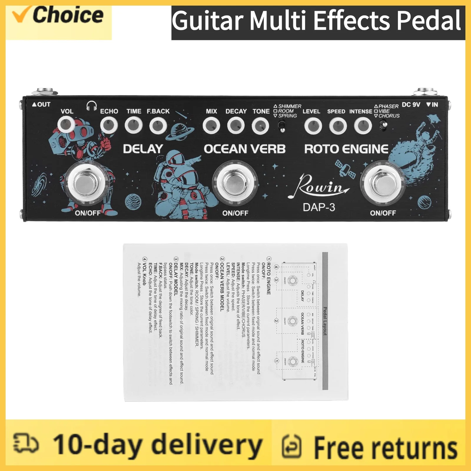 ROWIN 3-in-1 Guitar Multi Effect Pedal Delay/Ocean Verb/Roto Engine Aluminum Alloy Shell with True Bypass Portable Guitar Effect