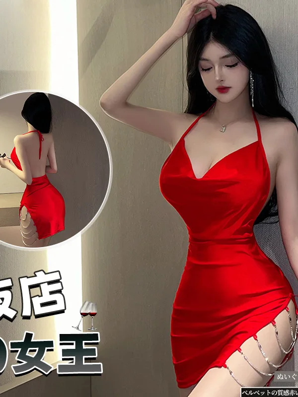 WOMENGAGA Hot Sexy Korean Women Mini Dress Sweet Lingerie Sexy Neck Strap Hanging Chain Nightclub Dress Elegant V Neck Q8WL