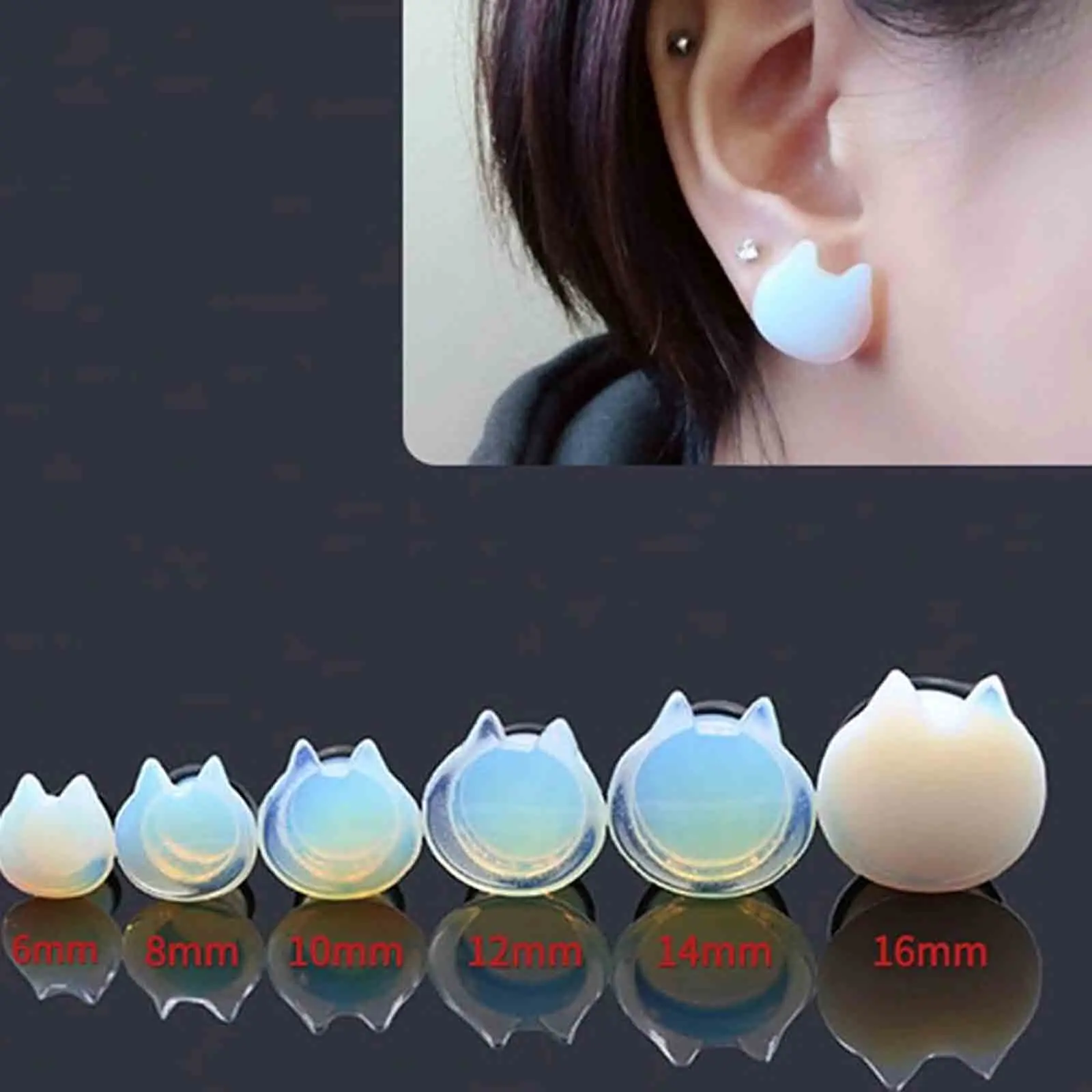 1/2 Paar Katzenkopf-Ohrgeschosse aus Opalit/künstlichem blauem Stein – Tunnel, Plugs, Stretchers, Expander für Körperpiercing, 2g-5/8 Zoll – Detail 5