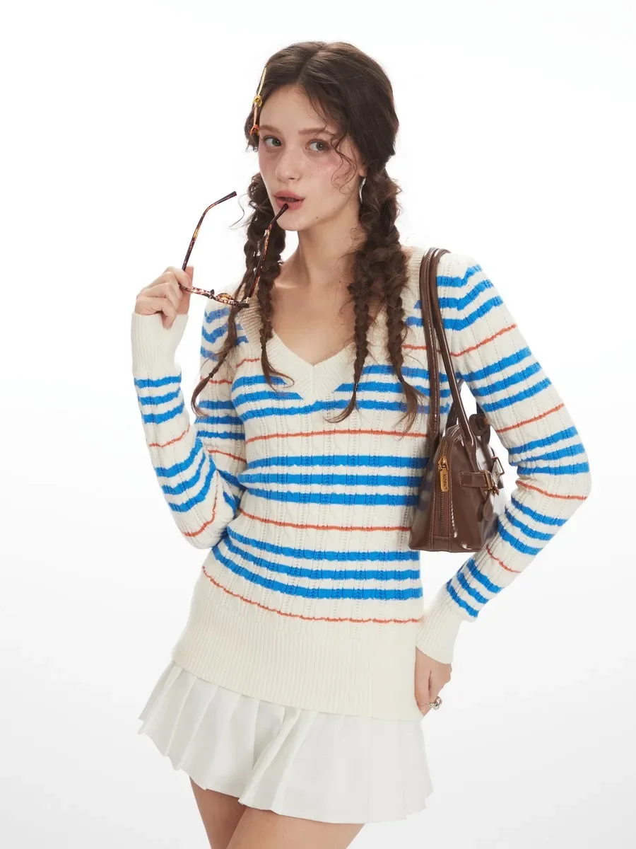 

Striped Vneck Retro Color Block Striped Knitted Women Girls' Winter Clothes Elegant Womens Sweaters Long Sleeve Tops Pullovers