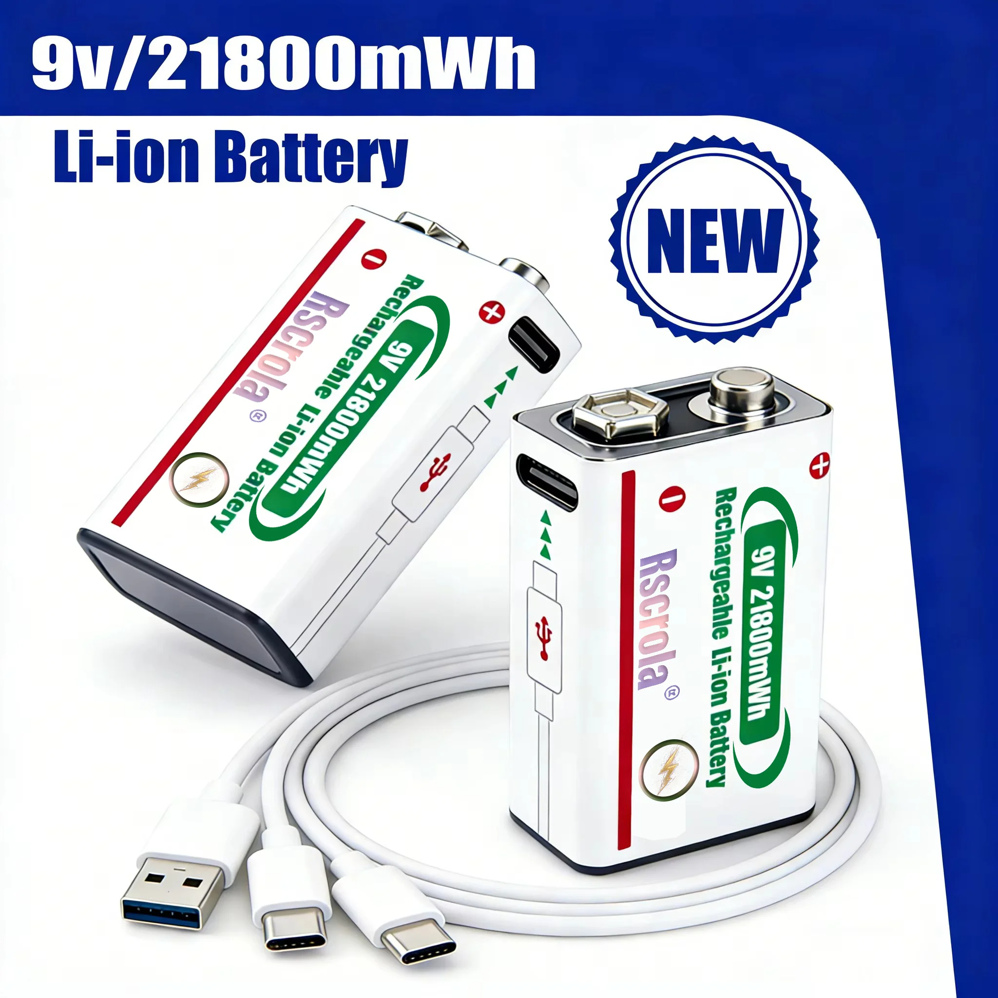 Batterie lithium-ion rechargeable 9V haute capacité 21800mWh longue durée avec câble pour guitare, microphone, détecteur de fumée, pédale
