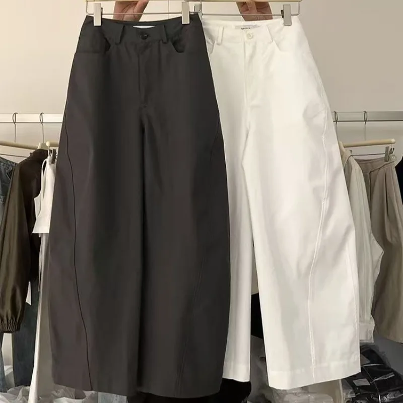 

Женские повседневные брюки с высокой талией и широкими штанинами, весенняя новинка, свободные однотонные брюки для работы и отдыха, удобные женские брюки в пол.