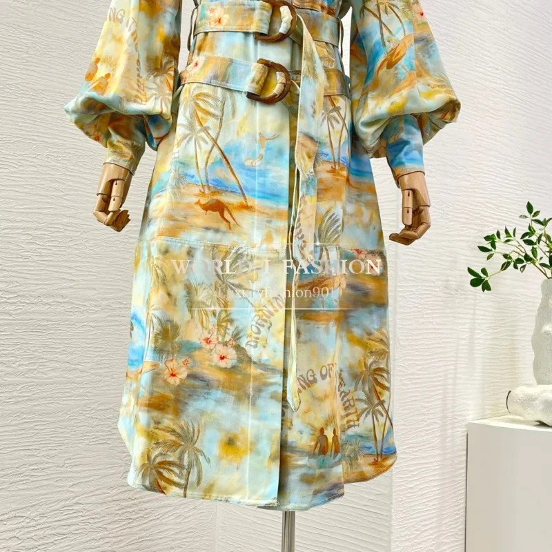 Roze Lila Groene Bloemen Print Lange Mouw Shell Edge Sling Losse Midi-jurk 2025