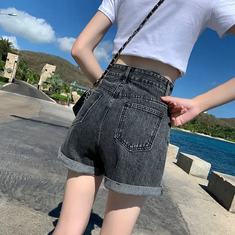 Short en jean noir et gris pour femme, vêtement d\'été taille haute