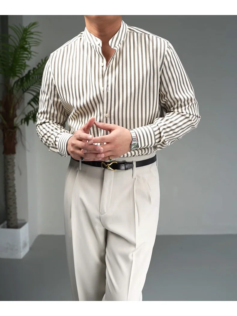 

Spring Bubble Cotton Blend Casual Long Sve irt Busin Comfortable Breathable Faionable Striped Slim Fit Stand Collar