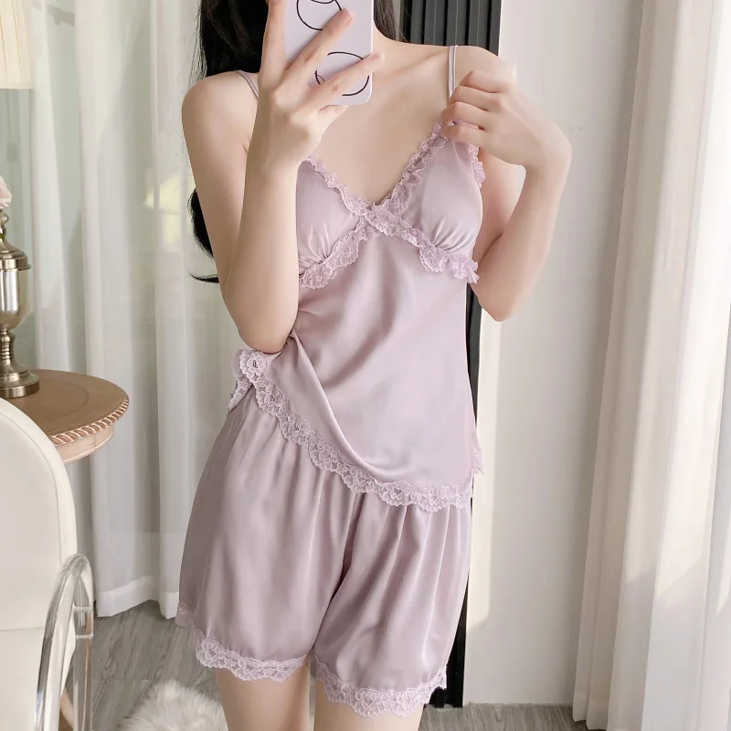 

New Womens Satin Pajamas Set 2 Piece Summer Pyjamas Tops Shorts Set Lingerie Sexy Sleepwear Home Suit