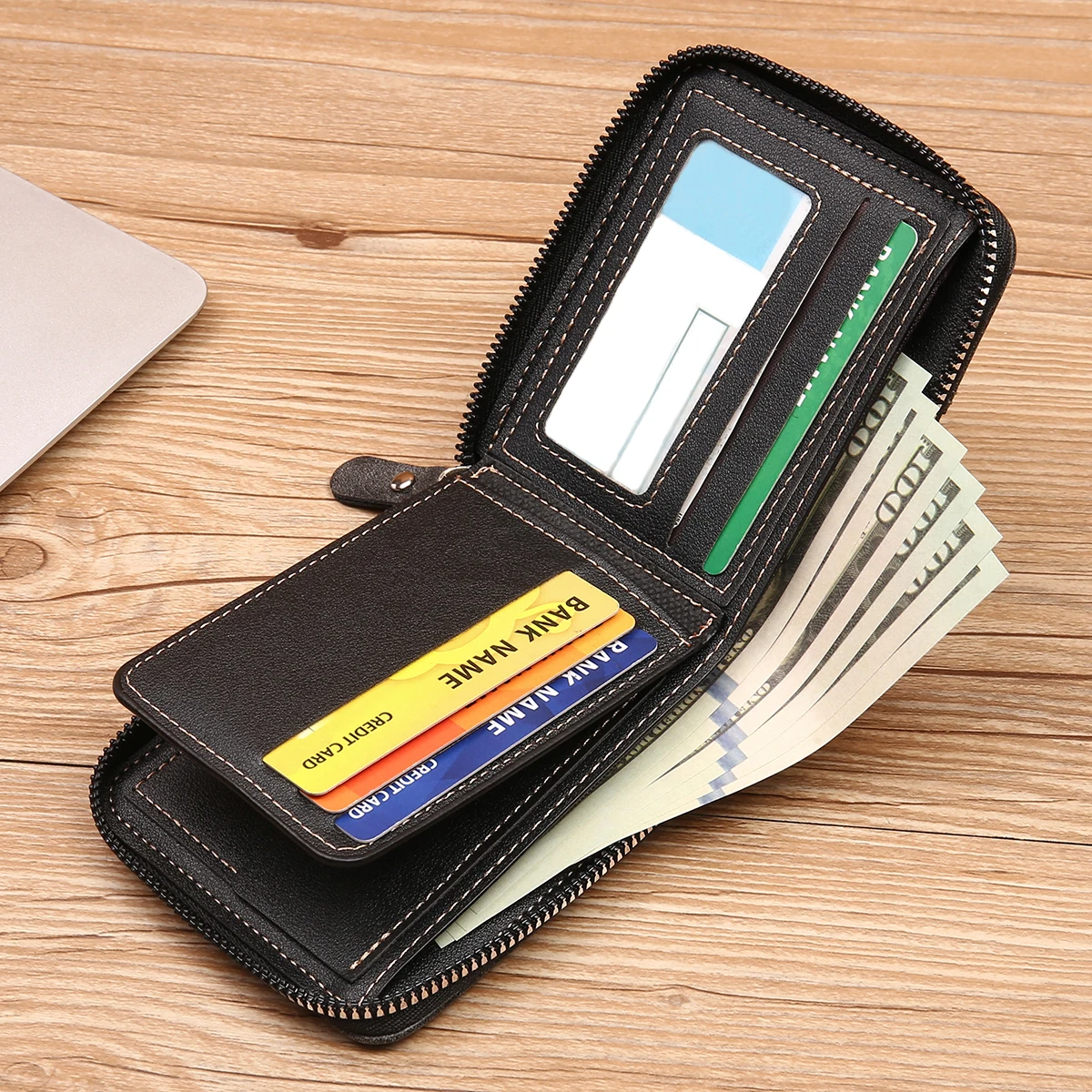 2024 new men\'s wallet short horizontal style fashion stitching three fold zipper pocket pocket multi-functional retro casua