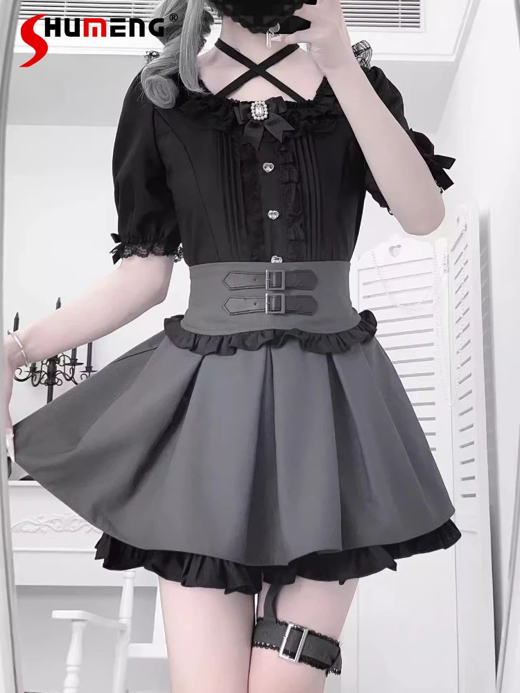 

Mine Mass-Produced Cross-Strap Lace Halter Square Collar Shirt Japan Style Girl Subculture Short-Sleeve Top High-Waisted Skirt