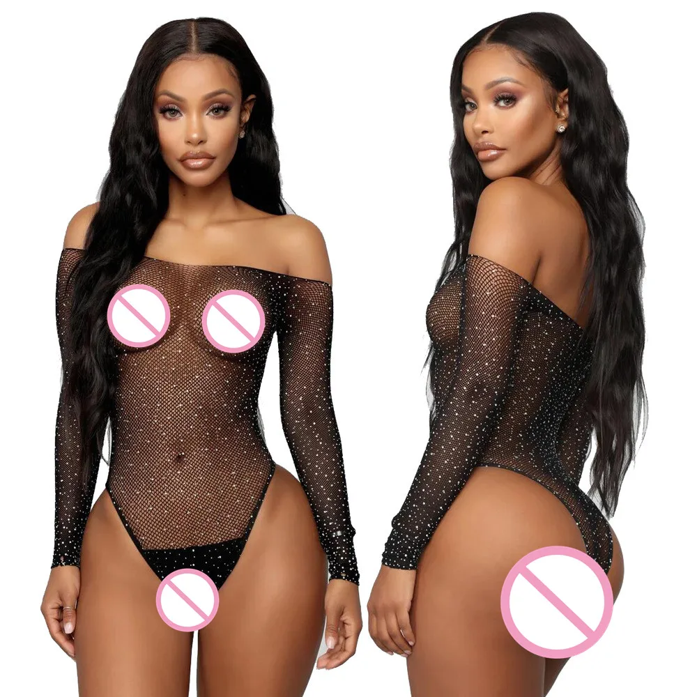 Diamond Fishnet Mesh Sexy Women Jumpsuits Lingerie Long Sleeve See Through Open Crotch Body Tights Exotic Bodysuits Underwear