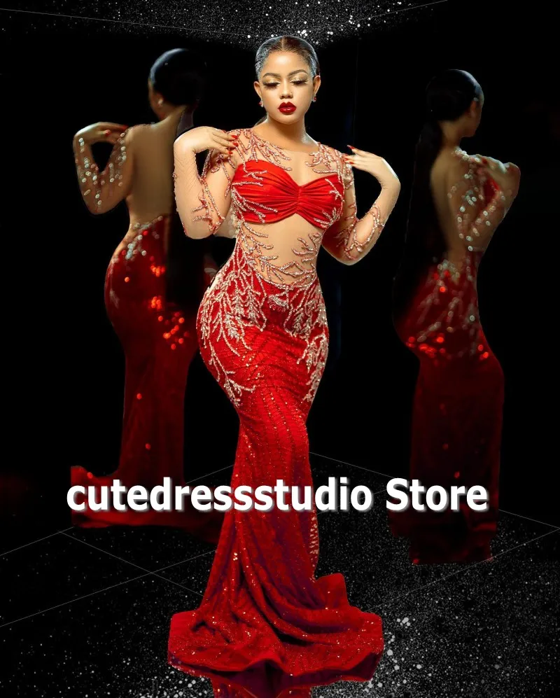 Formal Red Evening Dresses Long Sleeves See Through Top Beading Nigerian Party Dress For Women 2023 Lace Mermaid Prom Gowns