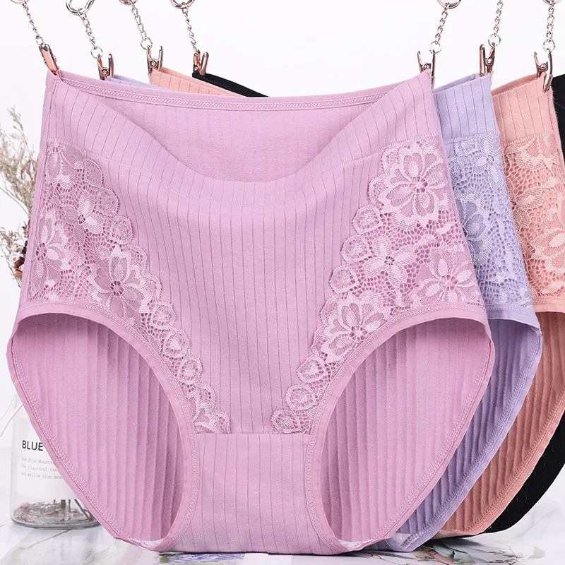 Culotte Filetée en Coton et Dentelle pour Femme, Taille Haute, Grande Taille