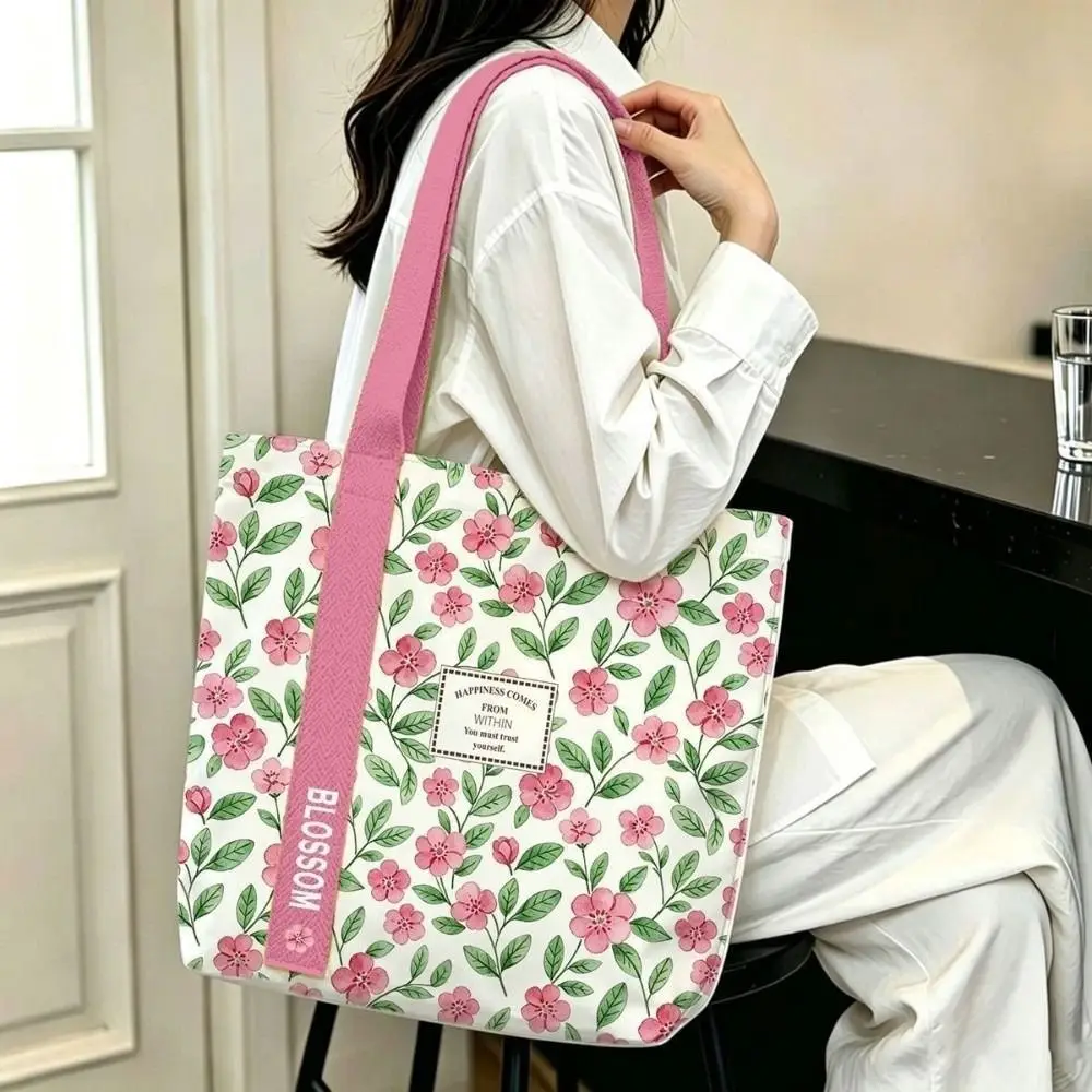 Durable Casual Canvas Tote Bag Floral & Lemon Print Large Capacity Commute Bag Open Top Single Shoulder Bag Women Girls
