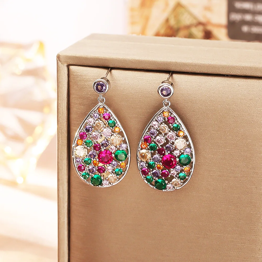 

Fashionable and exquisite high-end color zirconium hollow water drop earrings light luxury earrings versatile commuter earrings