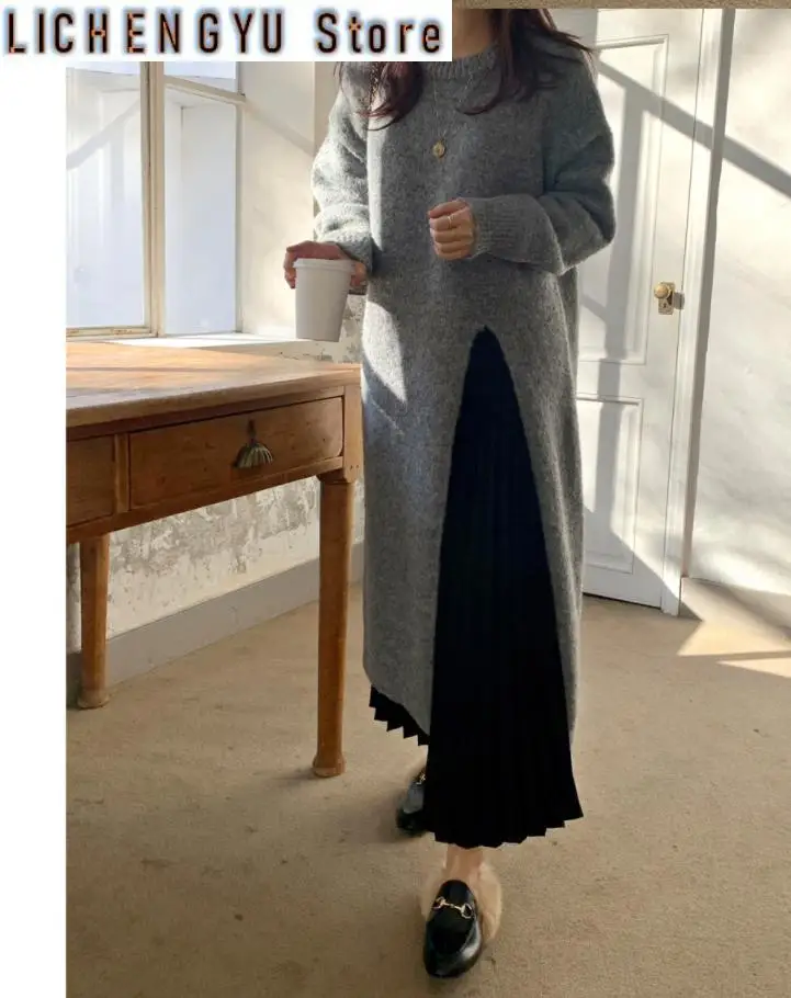 New Autumn  Winter Hot Style Loose and Lazy Hedging Side Slit Over The Knee Long Knitted Sweater Dress One-piece Women