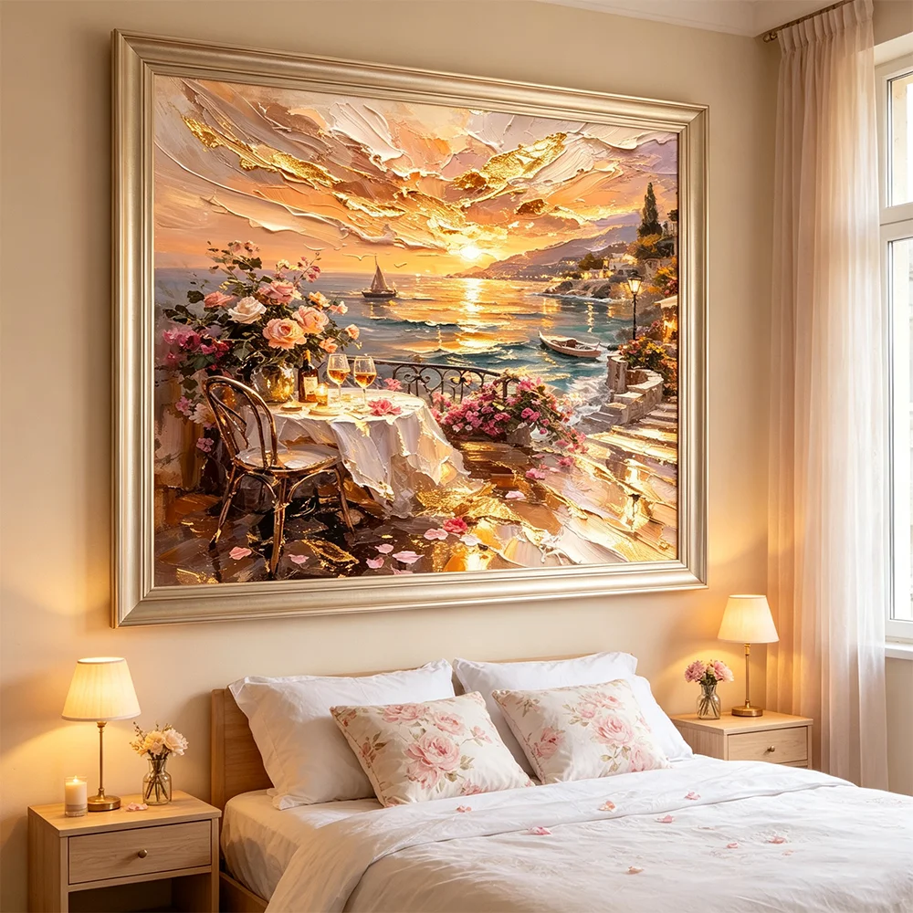 Seaside Restaurant Poster HD Canvas Painting Abstract Sunset Seascape Print Home Living Room Painting Wall Art Girl's Gift