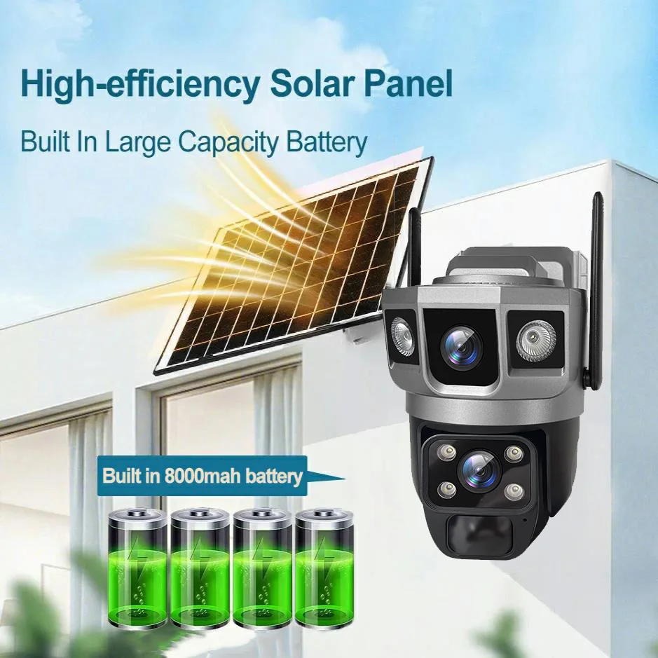 เลนส์คู่ 4G ซิมการ์ดพลังงานแสงอาทิตย์กล้องวงจรปิด 8MP PIR มนุษย์ตรวจจับความปลอดภัยป้องกันกล้อง WIFI Night Vision Video Recorder แบตเตอรี่ในตัว